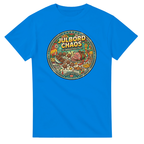 Detaljerat cirkelformat motiv med prinskorvar och julmat i strid – jul t-shirt