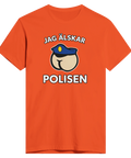 Tecknat motiv av rumpa med polismössa, text "JAG ÄLSKAR POLISEN" på orange t-shirt.