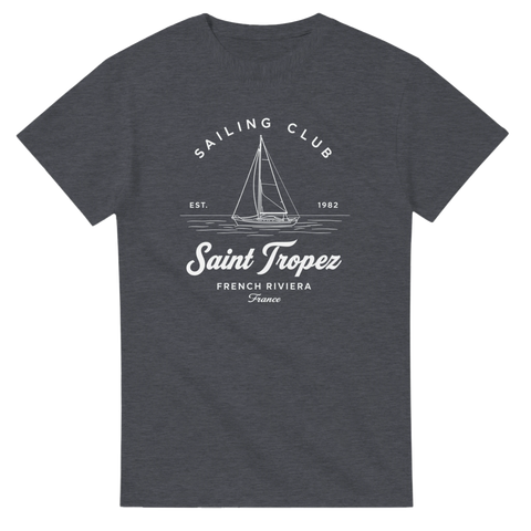 Retro segelbåt i vit linjeteckning – marin t-shirt med Saint Tropez-tryck