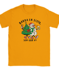 Orangegul t-shirt med en julgran och snögubbe som skålar och texten ”Barra en sista, sen går vi”.