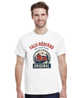 Falu Rödfärg-logga med röd stuga och text "Äkta Svensk Kvalitet Original" på vit t-shirt.