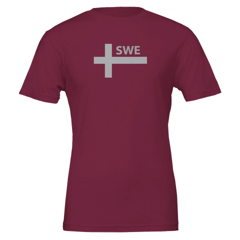Vinröd t-shirt med grafiskt motiv föreställande ett stiliserat nordiskt kors