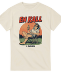 Beige t-shirt med dämpad färgpalett och halftone-effekt av öl-drickande man