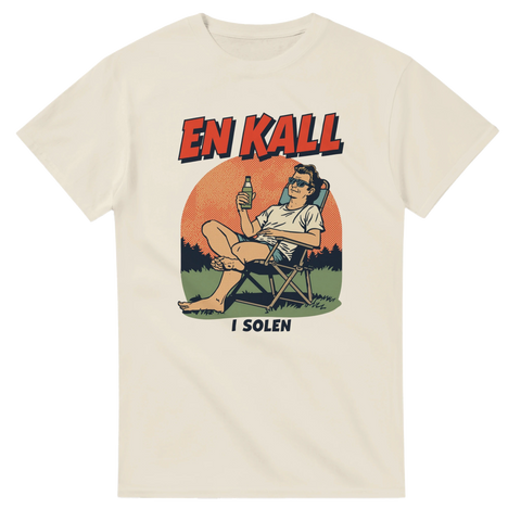 Beige t-shirt med dämpad färgpalett och halftone-effekt av öl-drickande man