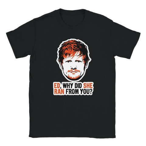 Roligt Illustrerat porträtt av Ed Sheeran med satirisk text på svart t-shirt