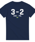 Sportigt tryck med resultatet 3-2 SWE - POL och svensk flagga