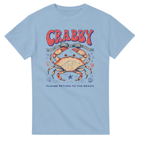 Vintage havsmotiv med krabba och snäckor – ljusblå t-shirt