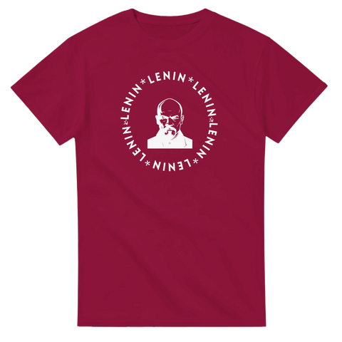 Minimalistisk illustration av Lenin i vit kontrast – mörkröd t-shirt med tryck