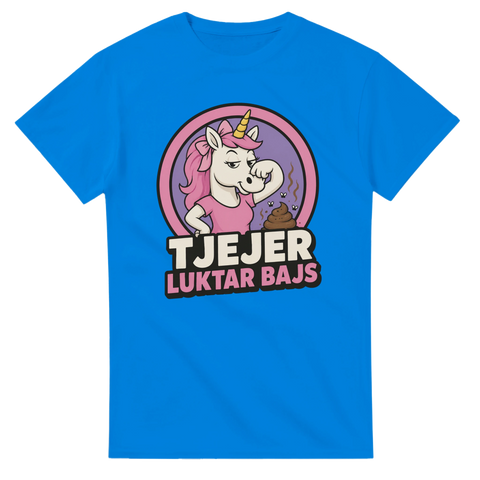 Kungsblå t-shirt med barnslig toaletthumor och färgglatt retro tryck