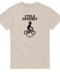 Cykla Psykiskt" text och cyklist med hjärnvågor på beige t-shirt.