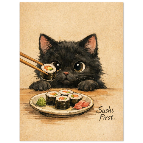 Poster med titeln Sushi First föreställande en katt och ätpinnar som håller i en bit sushi framför katten.
