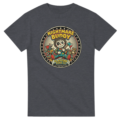 Retro skräckmotiv med creepy docka och yxa på grå t-shirt