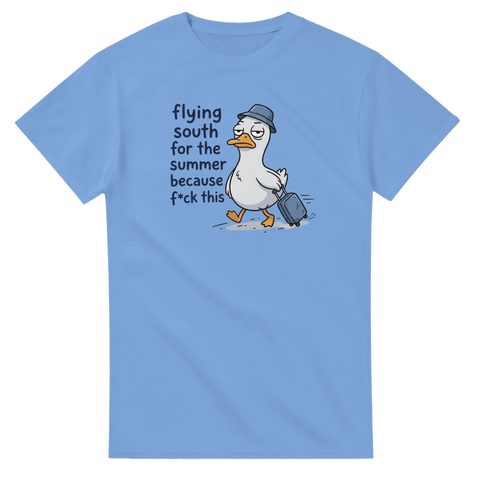Satirisk illustration av trött turistfågel – grafisk t-shirt för semester