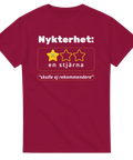 Skämtsam design: Nykterhet får en stjärna, "skulle ej rekommendera" på vinröd t-shirt.