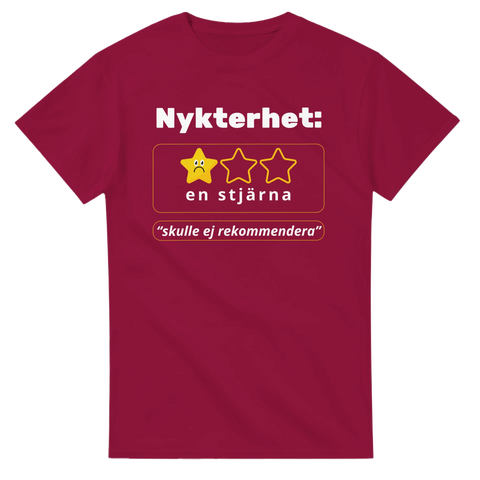 Skämtsam design: Nykterhet får en stjärna, "skulle ej rekommendera" på vinröd t-shirt.