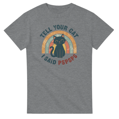 Gråmelerad t-shirt med nostalgiskt tryck av katt och pspsps-budskap