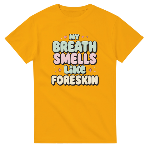 Senapsgul t-shirt med grafiskt tryck i mintgröna och rosa toner