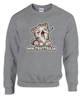 Grafiskt kattmotiv med humoristisk text på en grå sweatshirt