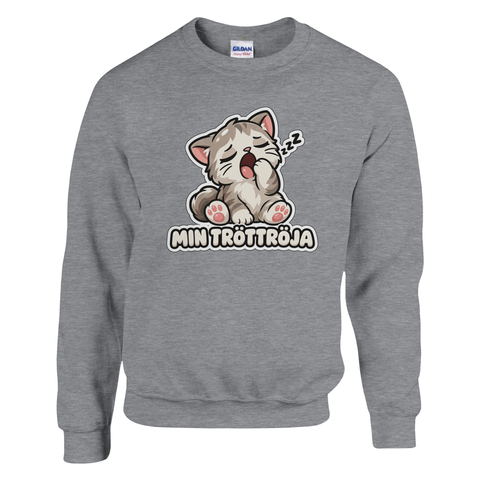 Grafiskt kattmotiv med humoristisk text på en grå sweatshirt