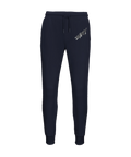 Mörkblå joggingbyxor med diagonalt grafiskt tryck och rå streetwear-estetik