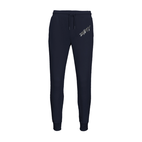 Mörkblå joggingbyxor med diagonalt grafiskt tryck och rå streetwear-estetik
