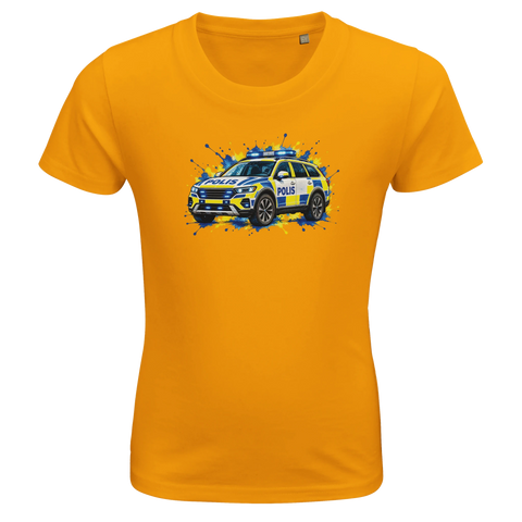 Gul barn-t-shirt med en svensk polisbil och färgstänk