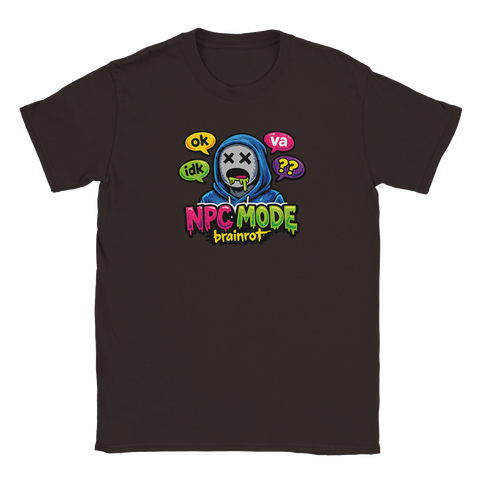 Illustration av en karaktär med tom blick och x-ögon på en mörkbrun t-shirt