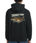 Svart hoodie med grafiskt Trout Pro-motiv och fiskillustration