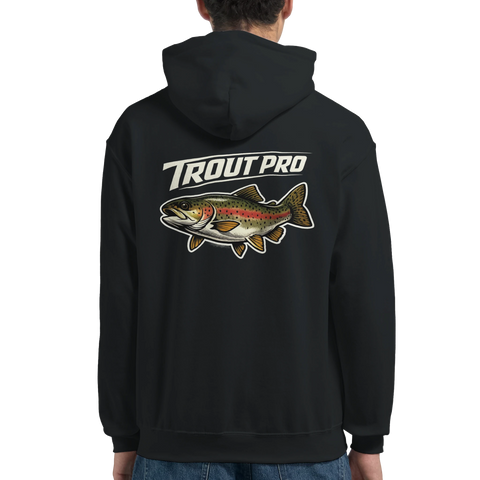 Svart hoodie med grafiskt Trout Pro-motiv och fiskillustration