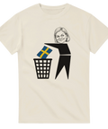 Karikatyr av politiker som kastar flagga på benvit t-shirt