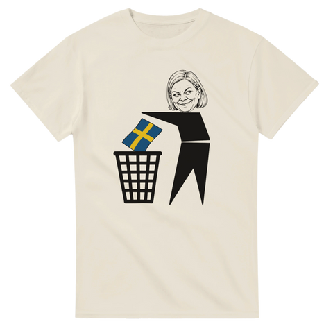 Karikatyr av politiker som kastar flagga på benvit t-shirt