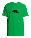 Svart råttsiluett med "URBAN LIFESTYLE" på grön premium t-shirt, minimalistisk streetwear.