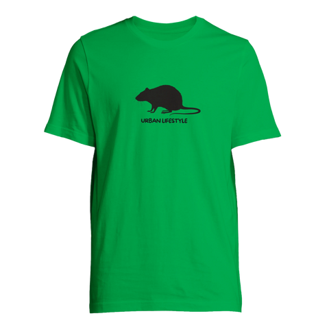 Svart råttsiluett med "URBAN LIFESTYLE" på grön premium t-shirt, minimalistisk streetwear.
