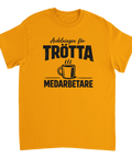 Avdelningen för Trötta Medarbetare" texttryck med kaffemugg på senapsgul t-shirt.