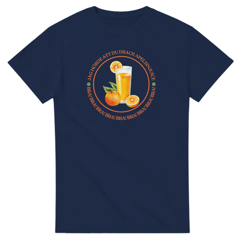 Citat-tryck om apelsinjuice i cirkelformad design – marinblå t-shirt