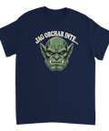 Marinblå t-shirt med ett grönt orchansikte och texten Jag orchar inte.