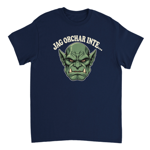 Marinblå t-shirt med ett grönt orchansikte och texten Jag orchar inte.