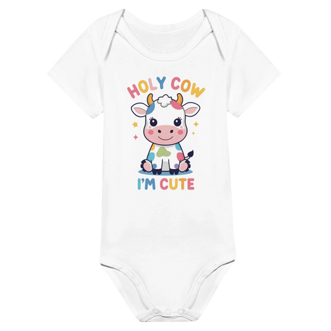 Vit babybody med en söt illustrerad ko i regnbågens alla färger