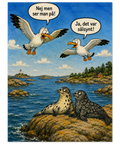 Grafisk poster med svenskt skärgårdstema och komisk dialog mellan två måsar