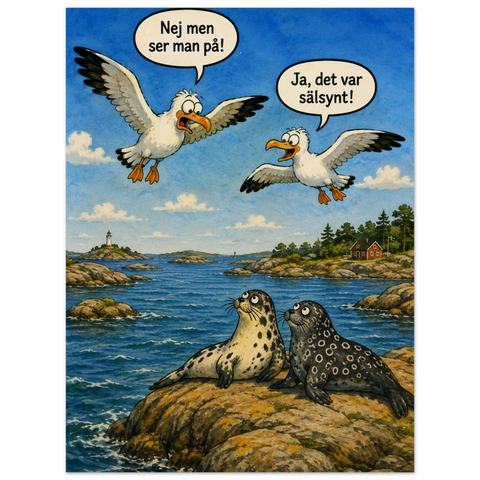 Grafisk poster med svenskt skärgårdstema och komisk dialog mellan två måsar