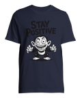 Grafiskt tryck med en galen karaktär och texten Stay Positive – mörkblå t-shirt