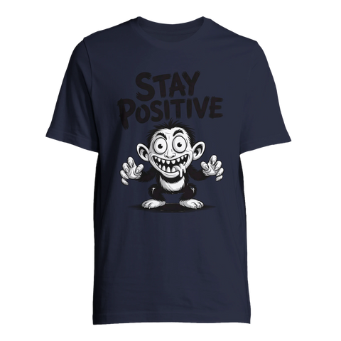 Grafiskt tryck med en galen karaktär och texten Stay Positive – mörkblå t-shirt