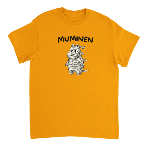 Humoristiskt motiv av en mumie i tecknad stil – rolig t-shirt för vuxna