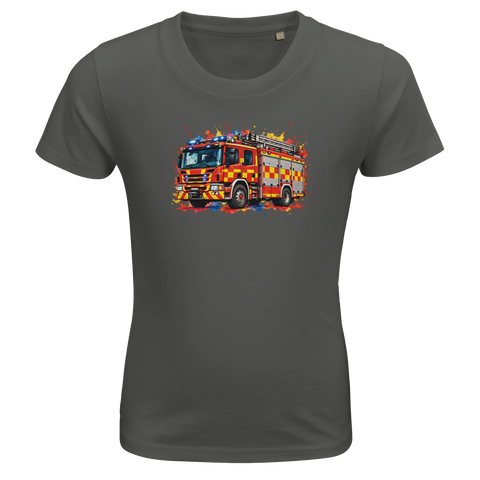 Mörkgrå barn-t-shirt med en brandbil och färgstänk