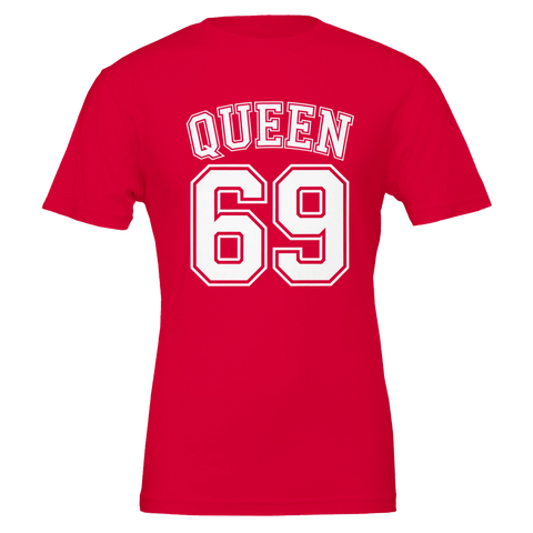 Röd t-shirt med sportigt retrotryck och kaxig textdesign
