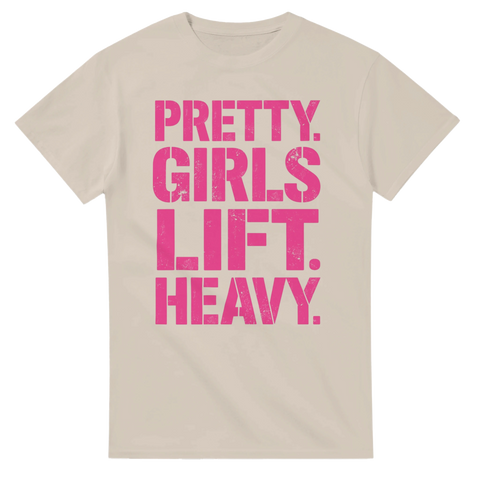 Grafiskt Pretty Girls Lift Heavy tryck i rosa på beige t-shirt – gym-outfit