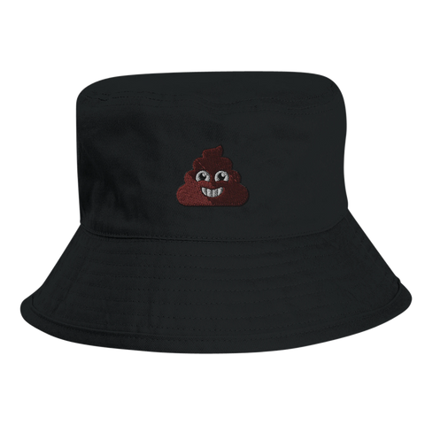 Svart bucket hat med broderat grafiskt motiv av en bajskorv