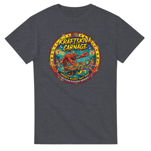 Grafiskt tryck i vintagestil föreställande Kräftskiva Carnage – grå t-shirt