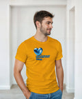 Blått 3D-hjärta med text "Hjärtat till höger" på gul t-shirt, lekfull stil.