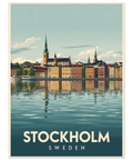Retro illustration av Stockholm med färgglada hus i Gamla Stan som speglas i blått vatten under en ljus himmel.